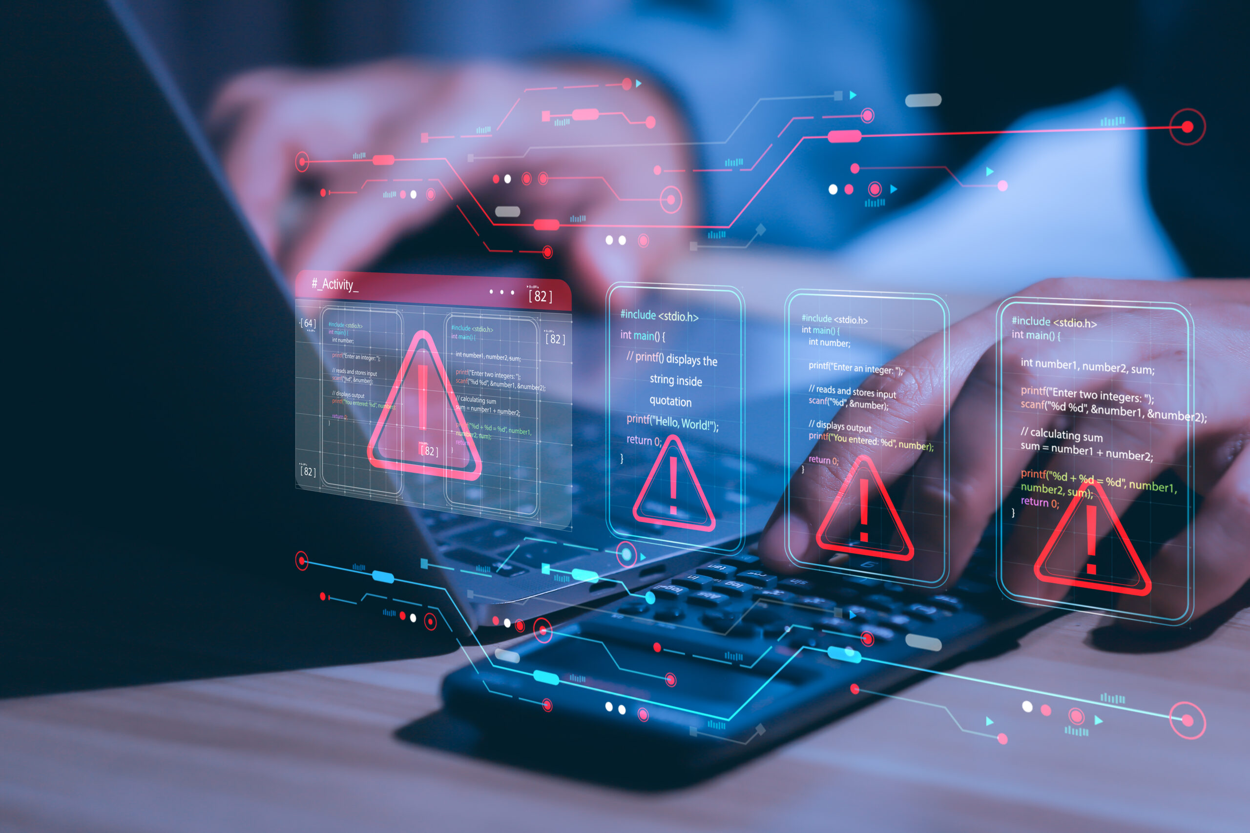 Profissional utilizando notebook enquanto alertas digitais representam um teste de phishing corporativo.