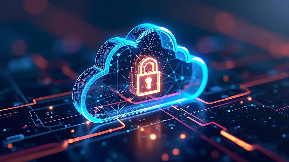 Ícone de nuvem com cadeado digital representa cibersegurança na nuvem e proteção de dados.