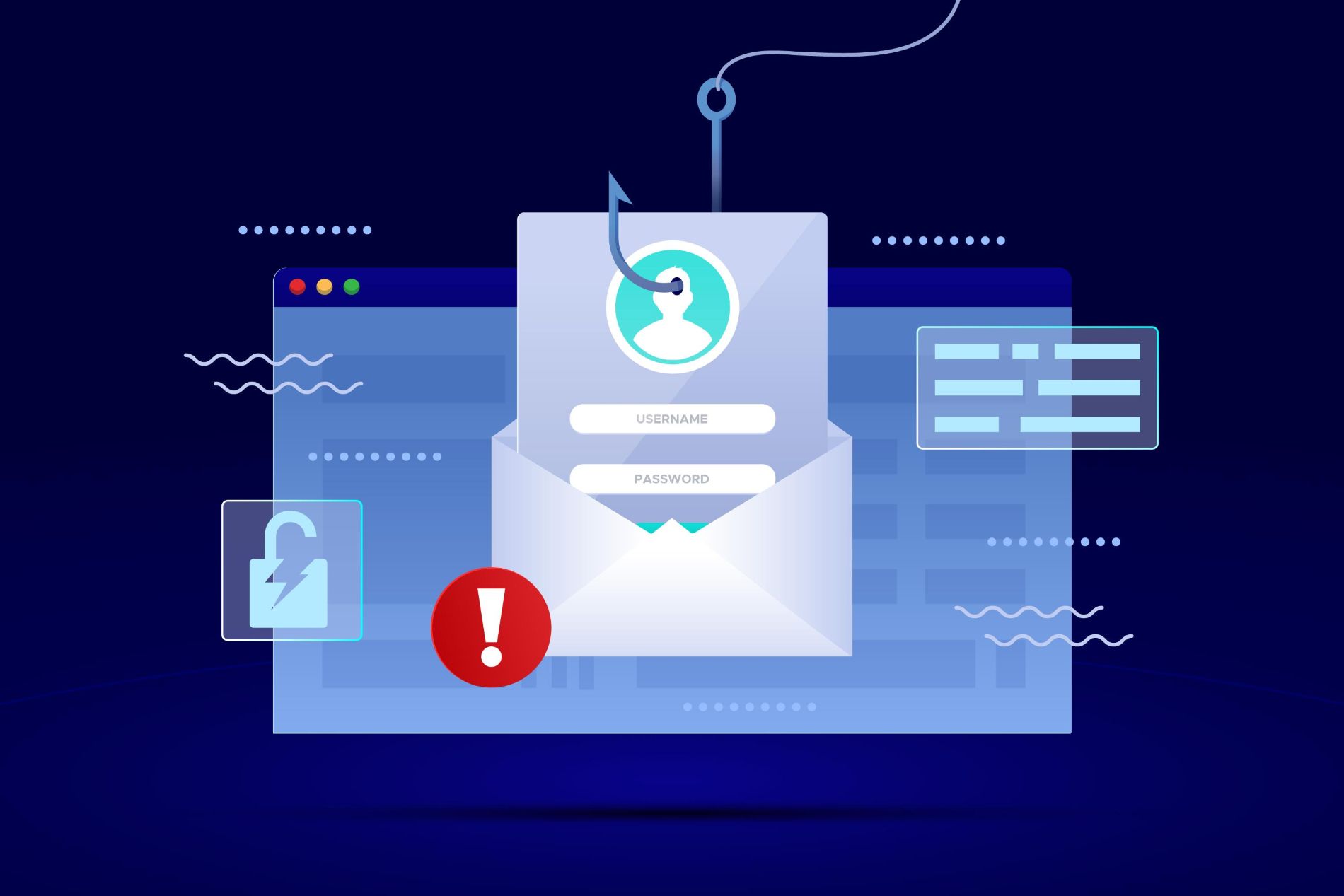 Ilustração de email fraudulento com gancho representa ataque de phishing e roubo de credenciais.