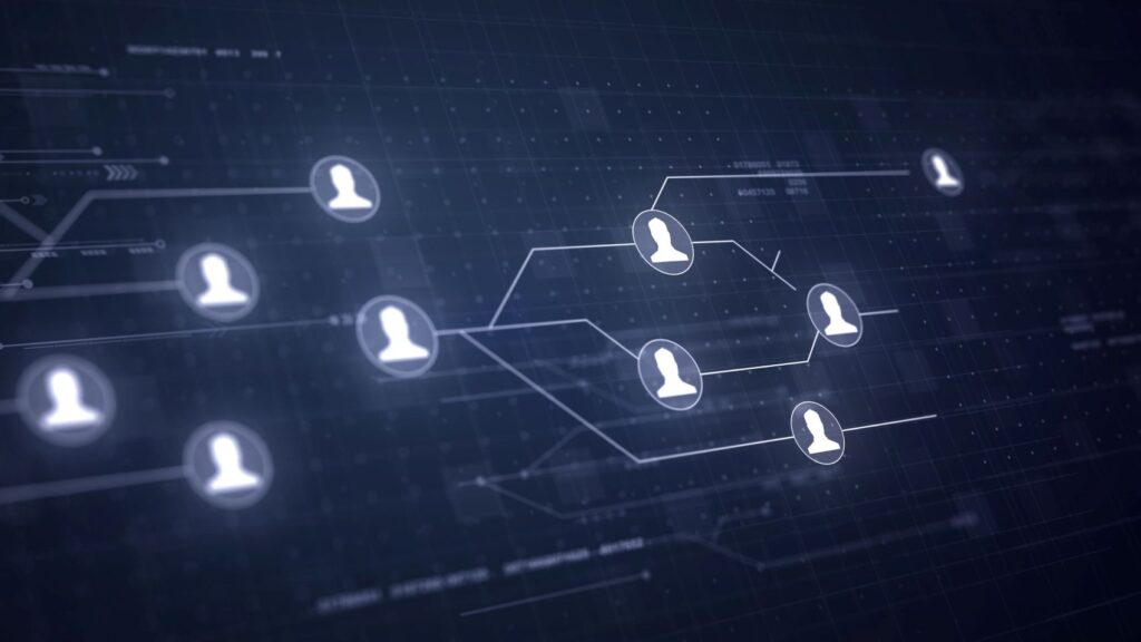 Interface digital com ícones de usuários conectados representa gestão de usuários e controle de acessos.