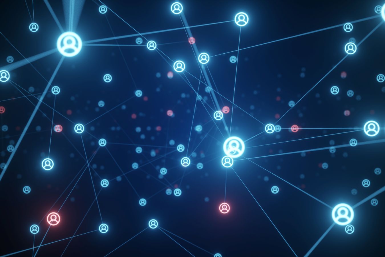 Ícones de usuários conectados por linhas representam tráfego de rede e fluxo de dados corporativos.
