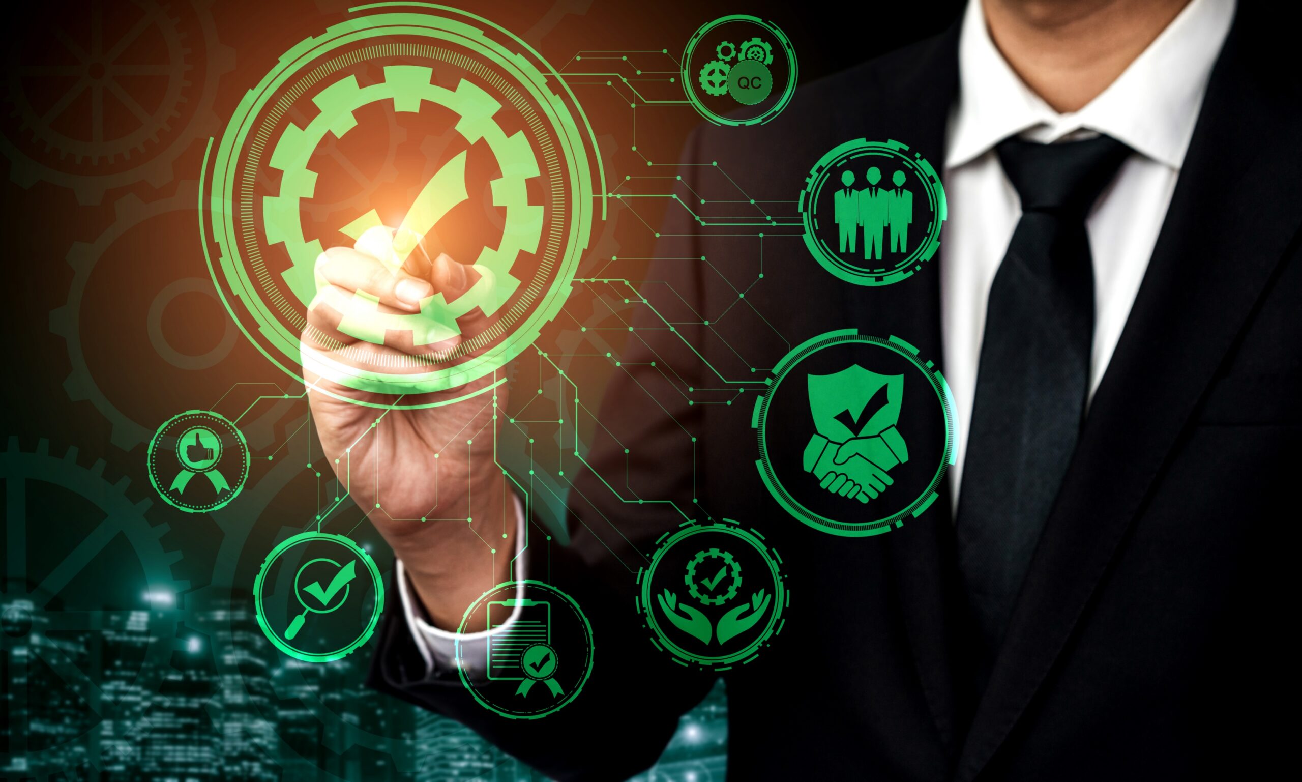 Profissional seleciona ícone de aprovação em interface digital sobre governança corporativa.